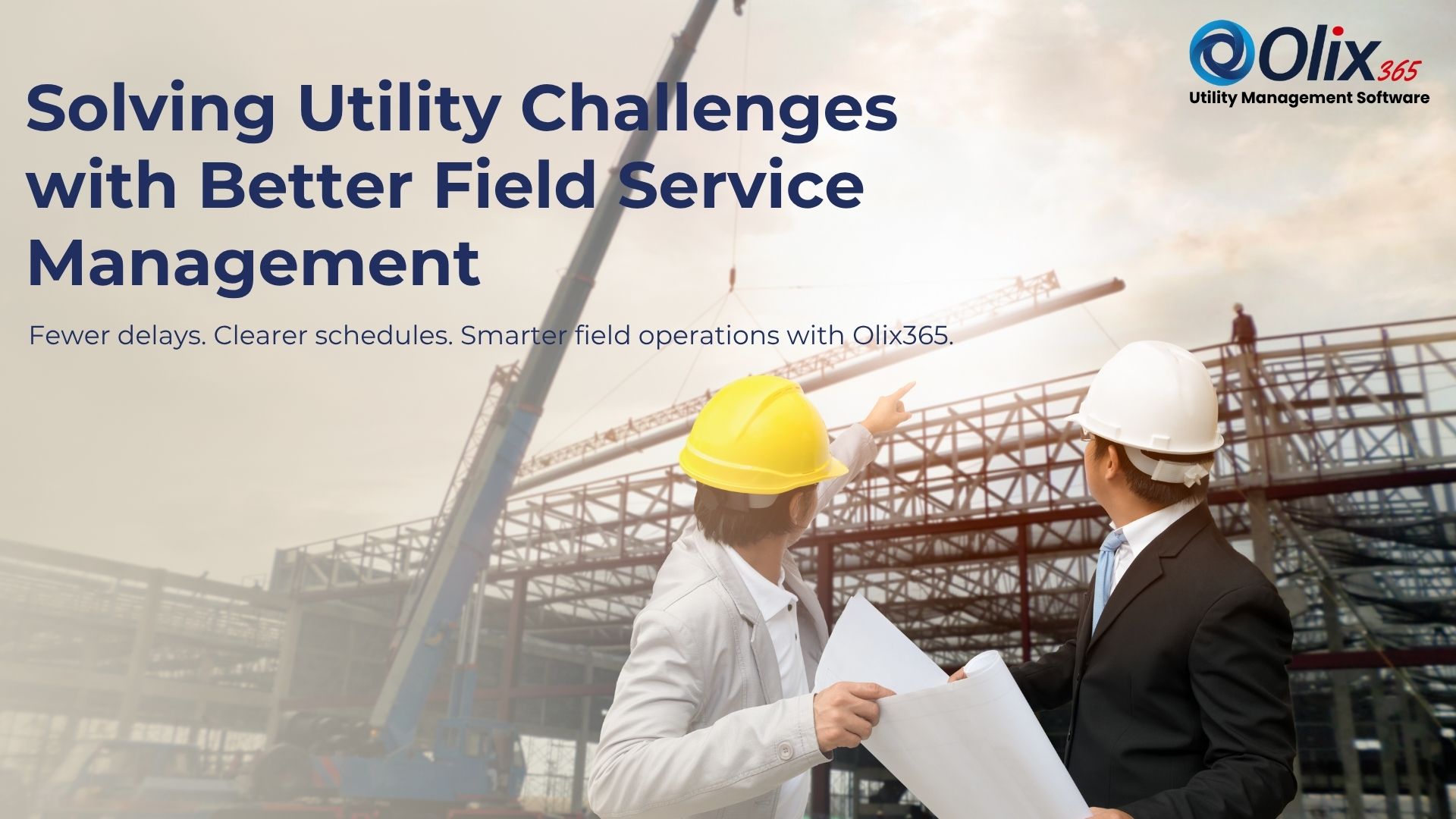 Two utility professionals in safety gear reviewing plans at a construction site, showcasing the importance of field service management for utilities.