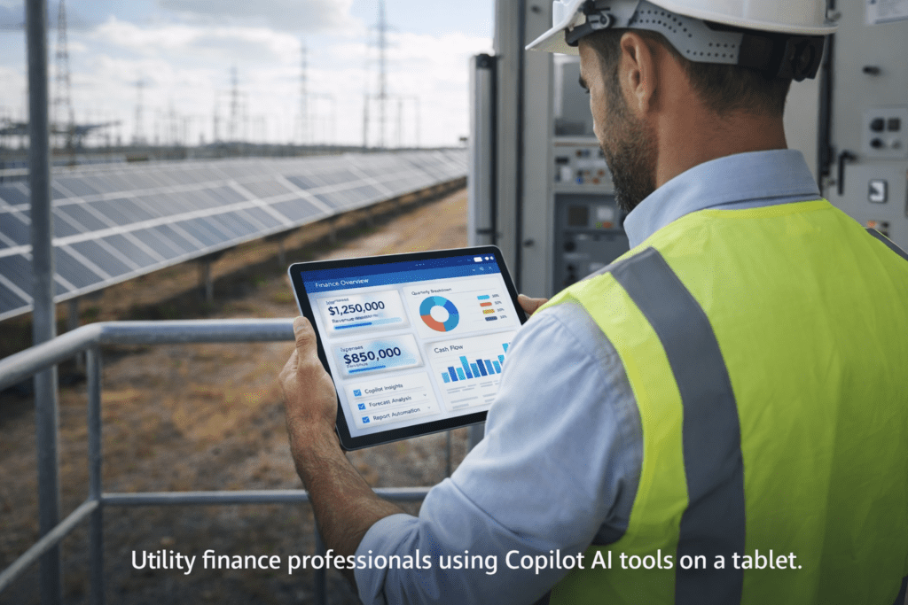 Utility finance professional analyzing financial graphs on a tablet using Microsoft Copilot AI