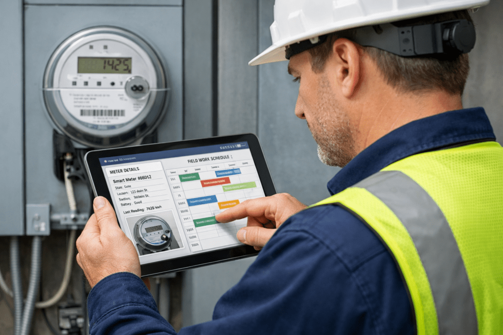 Field technician using utility asset management software on a tablet to check smart meter data