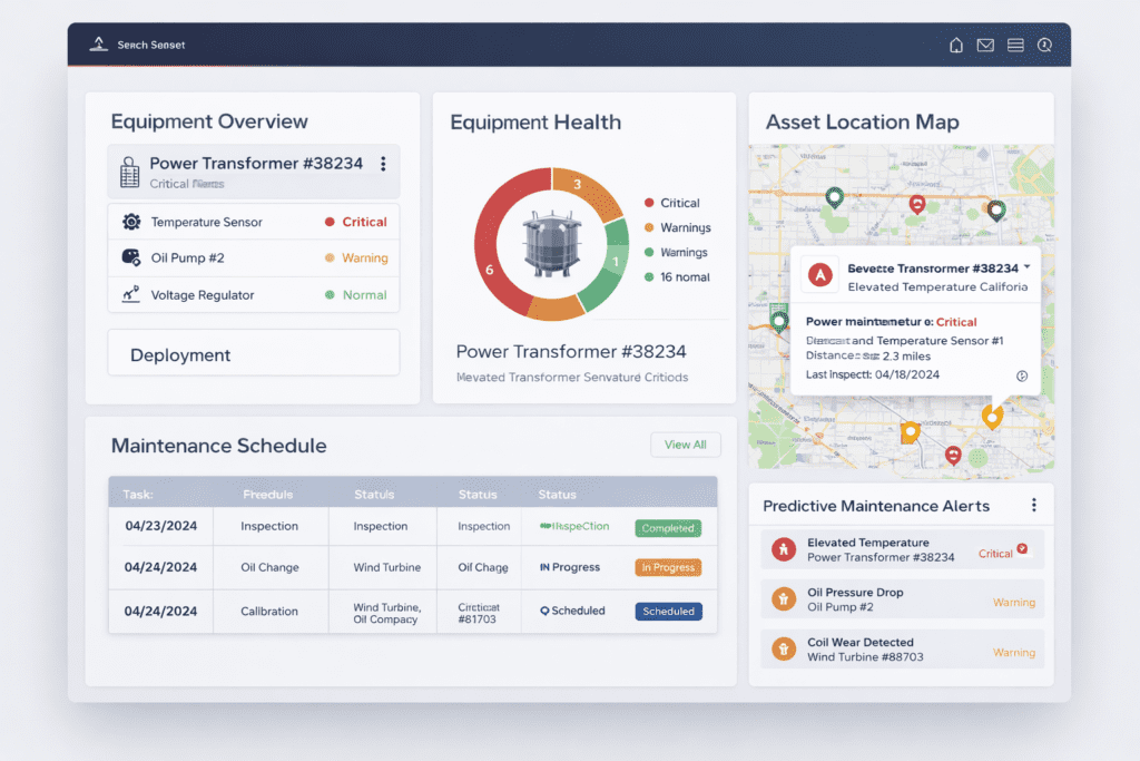 Dashboard interface of an energy asset tracking tool showing predictive maintenance alerts and equipment health