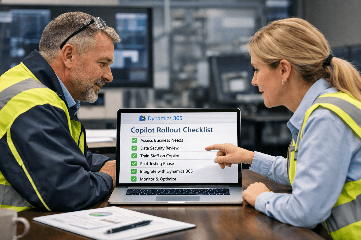 Utility team reviewing Microsoft Dynamics 365 Copilot rollout checklist for operations and finance