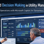 Utility operations team analyzing financial KPIs, work orders, and AI-suggested actions using Microsoft Copilot for Dynamics 365 on a digital dashboard.