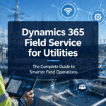 Utility field technician using a tablet with Dynamics 365 Field Service dashboard in front of an electrical grid with digital smart grid overlays
