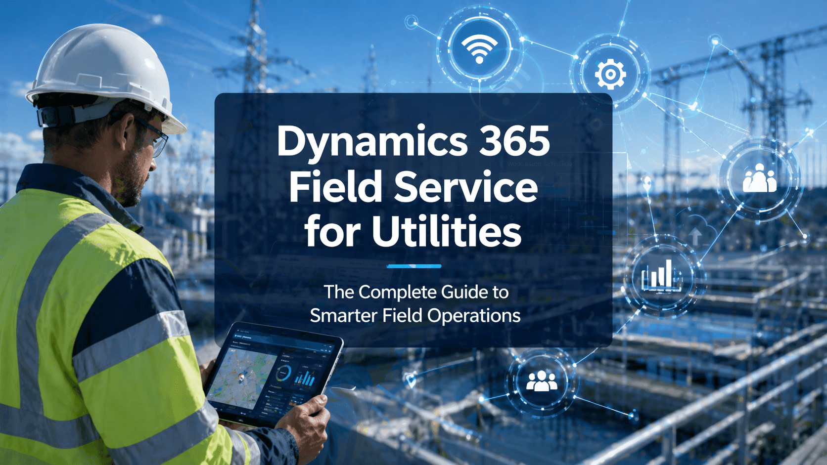 Utility field technician using a tablet with Dynamics 365 Field Service dashboard in front of an electrical grid with digital smart grid overlays