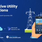 Illustration of power lines and utility infrastructure with a mobile dashboard showing analytics, representing predictive utility operations powered by AI, cloud, and Microsoft Dynamics 365.