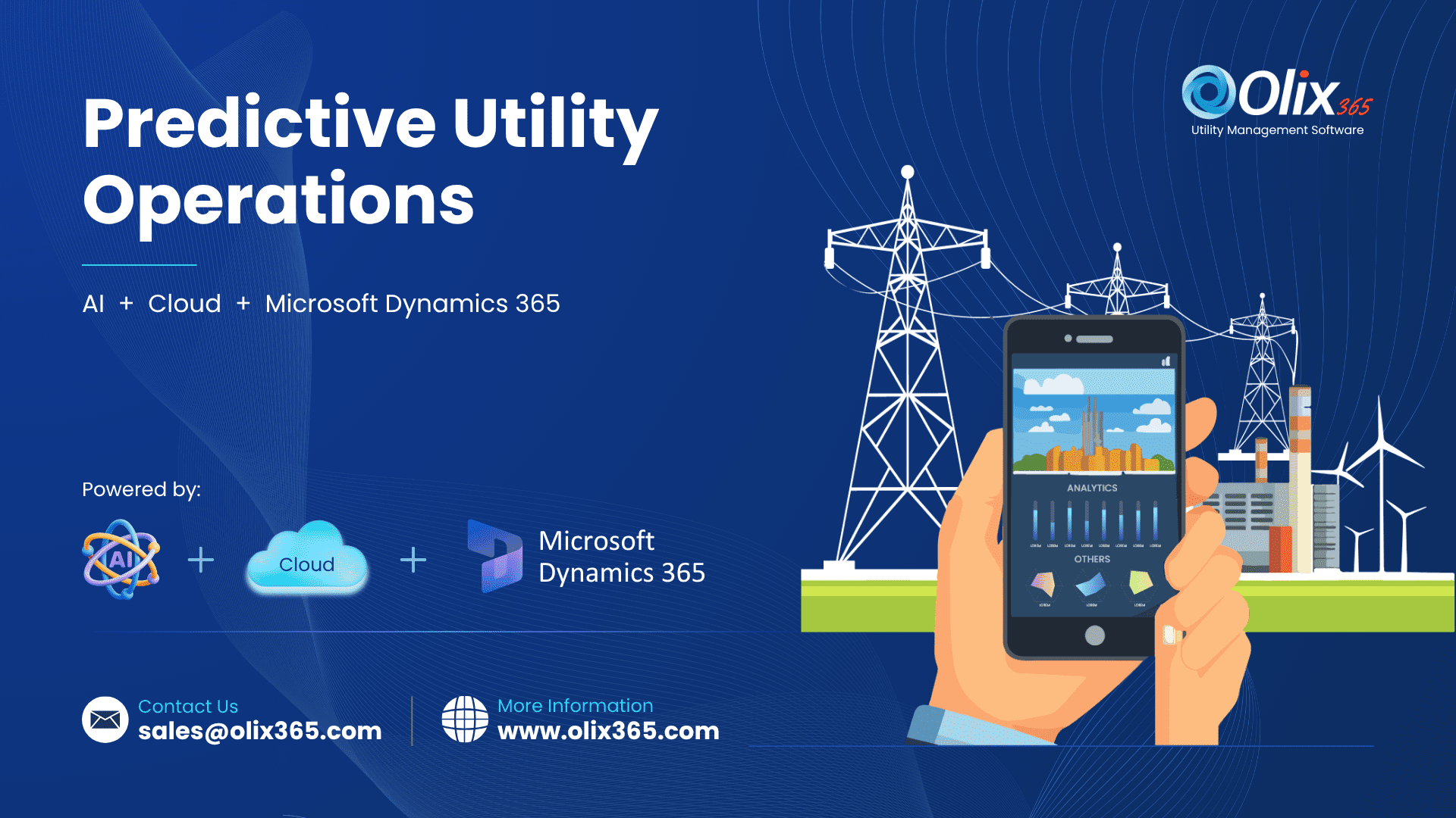 Illustration of power lines and utility infrastructure with a mobile dashboard showing analytics, representing predictive utility operations powered by AI, cloud, and Microsoft Dynamics 365.