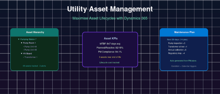 Utility asset management dashboard showing asset hierarchy, performance KPIs, and maintenance plan in Dynamics 365