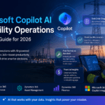 Utility field technician using Microsoft Copilot AI dashboard with Dynamics 365 insights for work order triage, predictive maintenance, and financial analytics in a power utility environment.