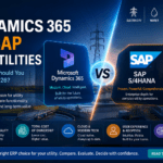Hero image comparing Microsoft Dynamics 365 and SAP S/4HANA for utility companies with utility infrastructure, ERP comparison visuals, AI analytics, cloud technology, and operational efficiency highlights.