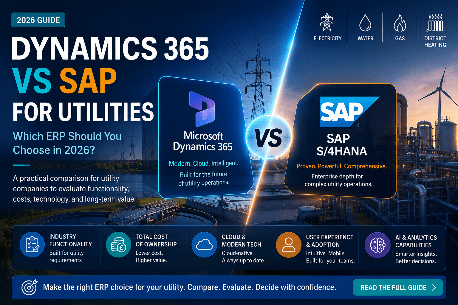 Hero image comparing Microsoft Dynamics 365 and SAP S/4HANA for utility companies with utility infrastructure, ERP comparison visuals, AI analytics, cloud technology, and operational efficiency highlights.