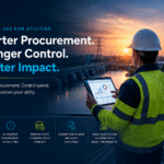 Utility professional using a digital procurement dashboard overlooking a power and infrastructure facility at sunset, with interface elements showing approval workflows, three-way invoice matching, contract management, and spend analytics for utility procurement operations.