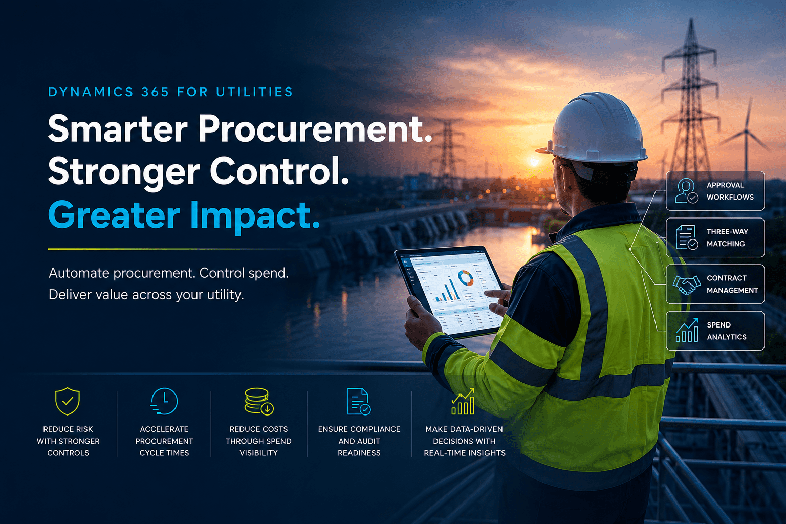 Utility professional using a digital procurement dashboard overlooking a power and infrastructure facility at sunset, with interface elements showing approval workflows, three-way invoice matching, contract management, and spend analytics for utility procurement operations.
