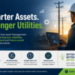Utility field engineer using a digital dashboard tablet near power lines with text about smarter asset management and stronger utilities.