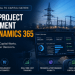 Utility project management dashboard in Microsoft Dynamics 365 showing budget control, procurement integration, project cost tracking, progress reporting, and fixed asset capitalisation for utility infrastructure projects.