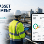 Utility asset management dashboard with field technician using tablet in industrial facility, showing asset performance and maintenance insights