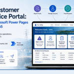 Dashboard-style illustration of a utility customer self-service portal built with Microsoft Power Pages and Dynamics 365, showing fault reporting, account management, outage tracking, automated notifications, and mobile access for utility customers.