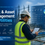 Utility field technician using work and asset management software on a tablet at an electrical substation with a digital asset and work order dashboard overlay.