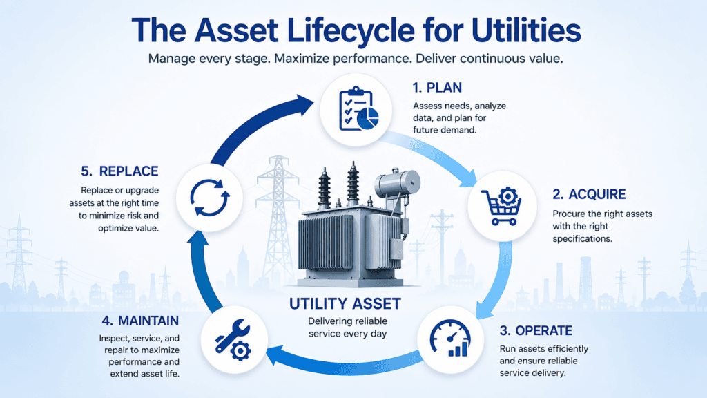 Utility asset lifecycle diagram showing the five stages—Plan, Acquire, Operate, Maintain, and Replace—with a utility asset at the center connected by a continuous lifecycle loop.