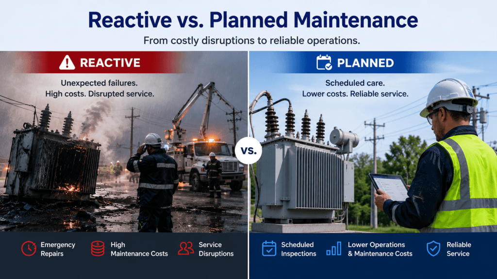 Split comparison showing reactive versus planned maintenance for utility assets, with an emergency transformer failure and repair crew on one side and a technician performing a scheduled inspection with a tablet on the other.